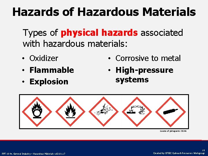 Hazards of Hazardous Materials Types of physical hazards associated with hazardous materials: • Oxidizer