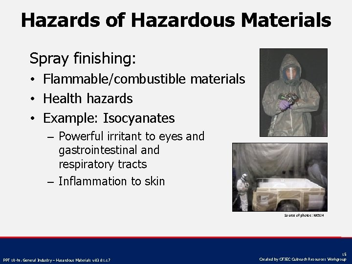 Hazards of Hazardous Materials Spray finishing: • Flammable/combustible materials • Health hazards • Example: