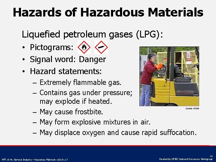 Hazards of Hazardous Materials Liquefied petroleum gases (LPG): • Pictograms: • Signal word: Danger