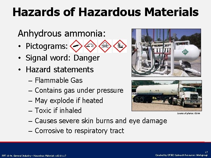 Hazards of Hazardous Materials Anhydrous ammonia: • Pictograms: • Signal word: Danger • Hazard