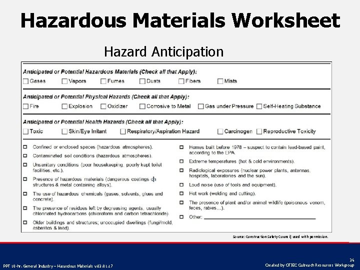 Hazardous Materials Worksheet Hazard Anticipation Source: Construction Safety Council, used with permission. PPT 10