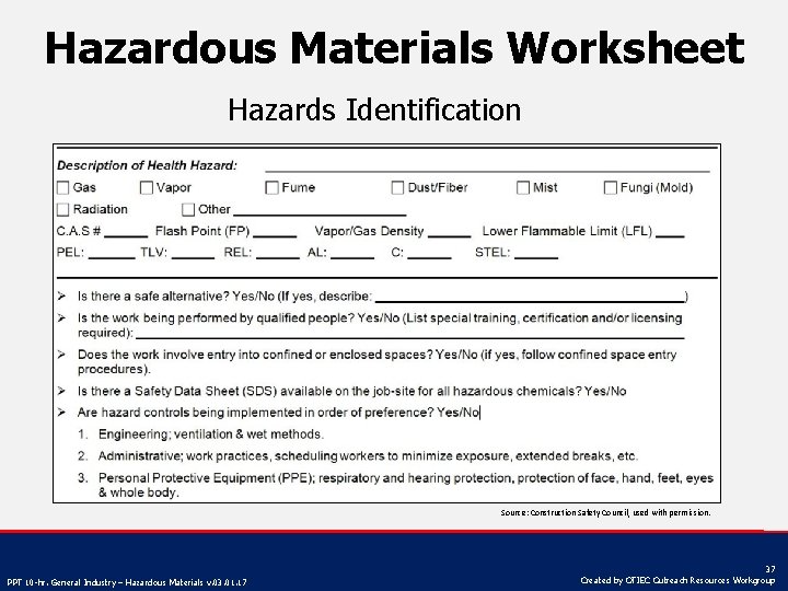 Hazardous Materials Worksheet Hazards Identification Source: Construction Safety Council, used with permission. PPT 10