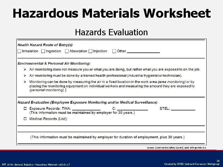 Hazardous Materials Worksheet Hazards Evaluation Source: Construction Safety Council, used with permission. PPT 10