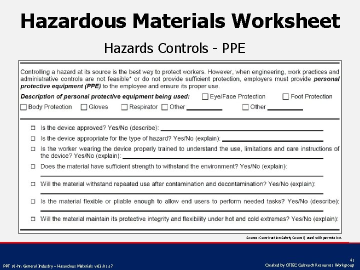 Hazardous Materials Worksheet Hazards Controls - PPE Source: Construction Safety Council, used with permission.