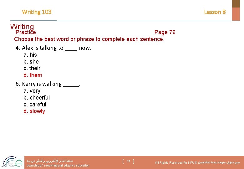 Writing 103 Lesson 8 Writing Practice Page 76 Choose the best word or phrase