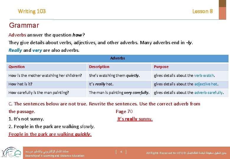 Writing 103 Lesson 8 Grammar Adverbs answer the question how? They give details about