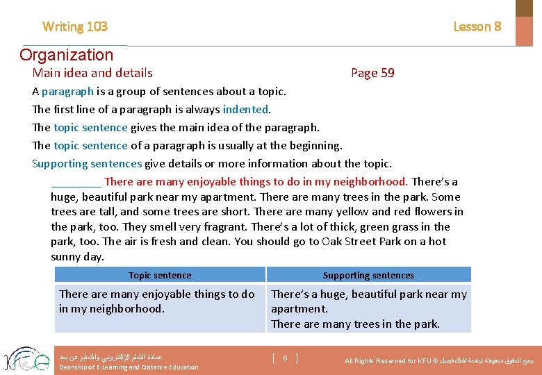 Writing 103 Lesson 8 Organization Main idea and details Page 59 A paragraph is