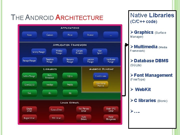 THE ANDROID ARCHITECTURE Native Libraries (C/C++ code) ØGraphics (Surface Manager) 11 ØMultimedia (Media Framework)