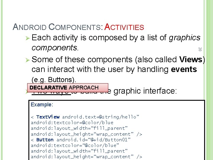 ANDROID COMPONENTS: ACTIVITIES Ø Each 20 activity is composed by a list of graphics