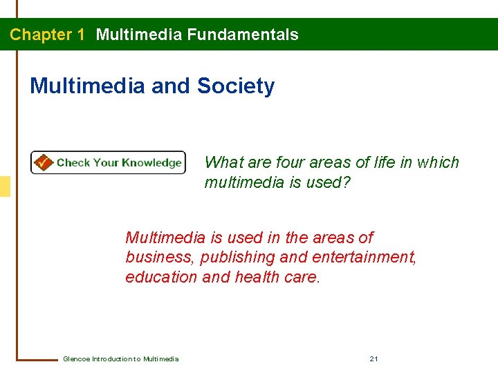 Chapter 1 Multimedia Fundamentals Multimedia and Society What are four areas of life in