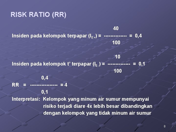 RISK RATIO (RR) 40 Insiden pada kelompok terpapar (IE+) = ------- = 0, 4