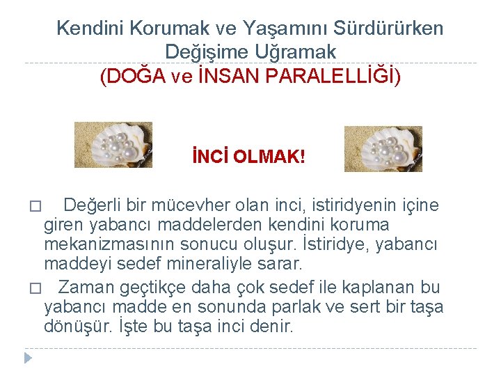 Kendini Korumak ve Yaşamını Sürdürürken Değişime Uğramak (DOĞA ve İNSAN PARALELLİĞİ) İNCİ OLMAK! Değerli