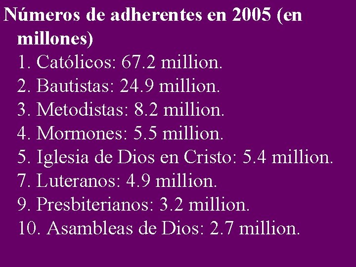 Números de adherentes en 2005 (en millones) 1. Católicos: 67. 2 million. 2. Bautistas: