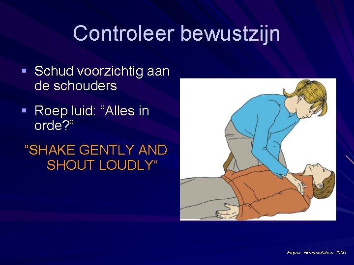 Controleer bewustzijn § Schud voorzichtig aan de schouders § Roep luid: “Alles in orde?