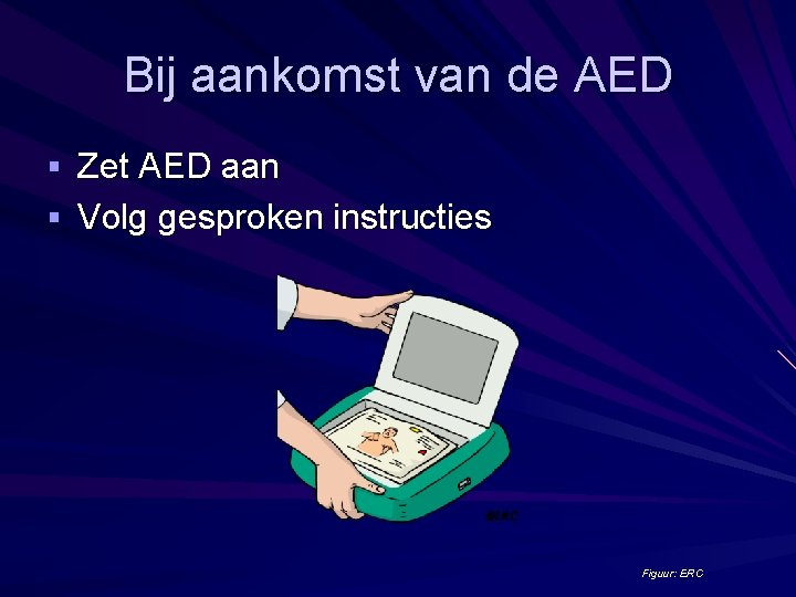 Bij aankomst van de AED § Zet AED aan § Volg gesproken instructies Figuur: