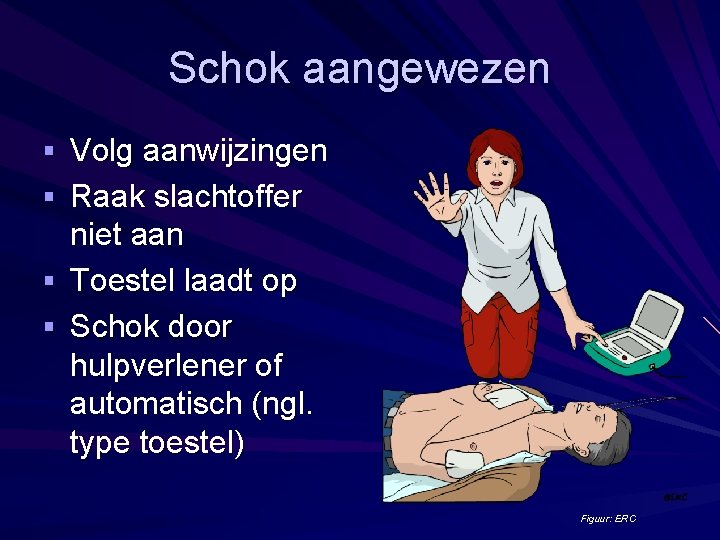 Schok aangewezen § Volg aanwijzingen § Raak slachtoffer niet aan § Toestel laadt op