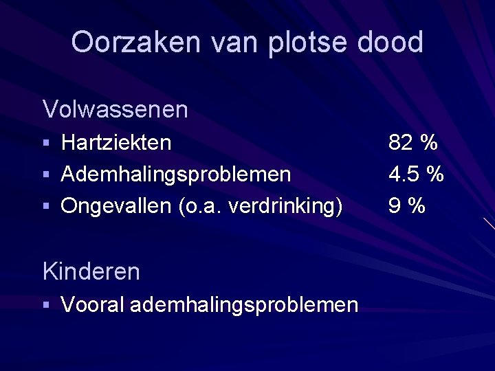 Oorzaken van plotse dood Volwassenen § Hartziekten § Ademhalingsproblemen § Ongevallen (o. a. verdrinking)