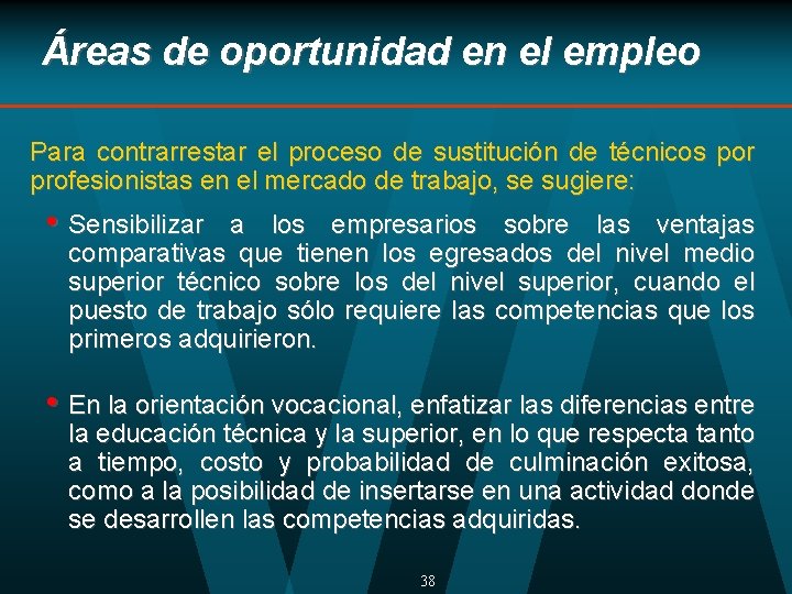 Áreas de oportunidad en el empleo Para contrarrestar el proceso de sustitución de técnicos