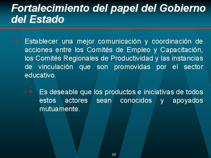 Fortalecimiento del papel del Gobierno del Estado • Establecer una mejor comunicación y coordinación