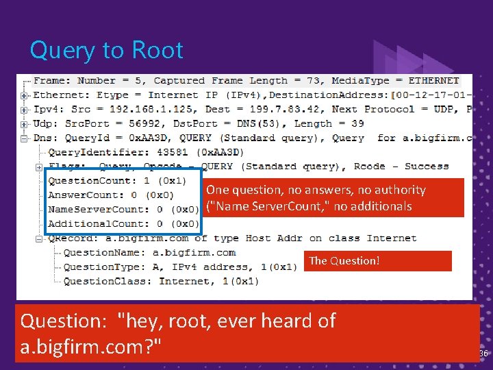 Query to Root One question, no answers, no authority ("Name Server. Count, " no