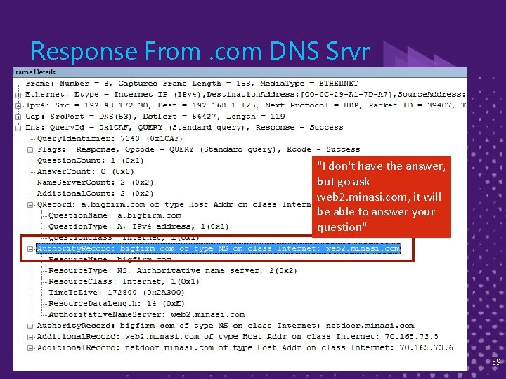 Response From. com DNS Srvr "I don't have the answer, but go ask web