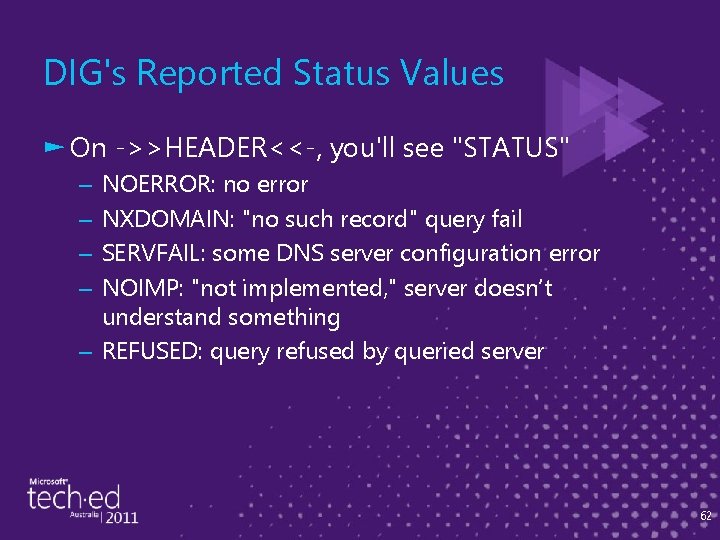 DIG's Reported Status Values ► On ->>HEADER<<-, you'll see "STATUS" NOERROR: no error NXDOMAIN: