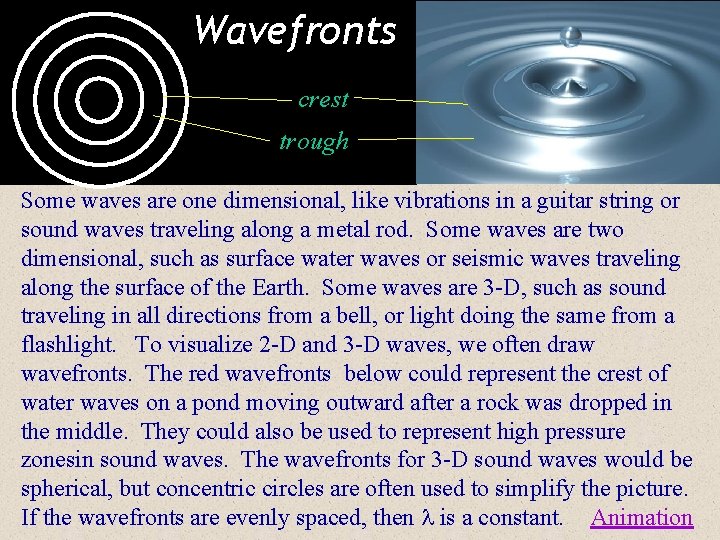 Wavefronts crest trough Some waves are one dimensional, like vibrations in a guitar string