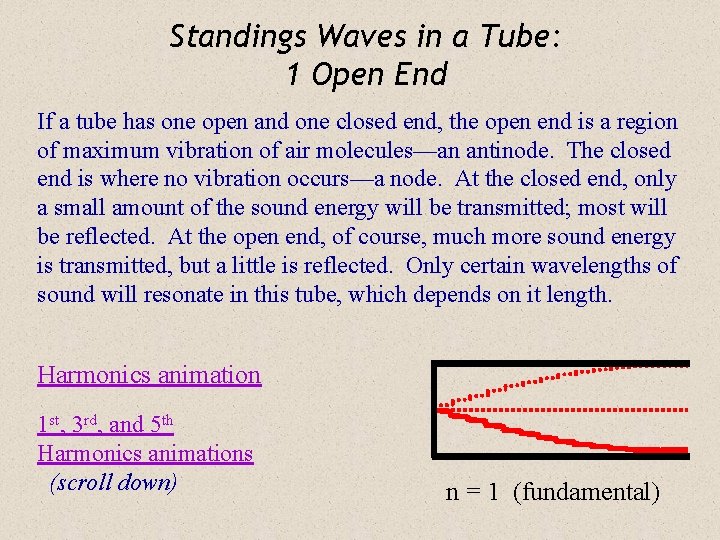 Standings Waves in a Tube: 1 Open End If a tube has one open
