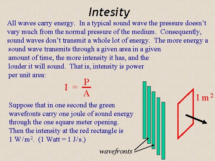 Intesity All waves carry energy. In a typical sound wave the pressure doesn’t vary
