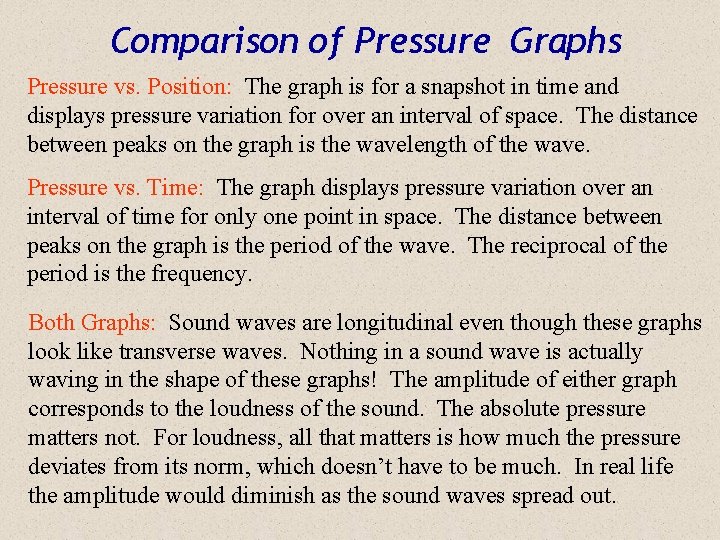 Comparison of Pressure Graphs Pressure vs. Position: The graph is for a snapshot in