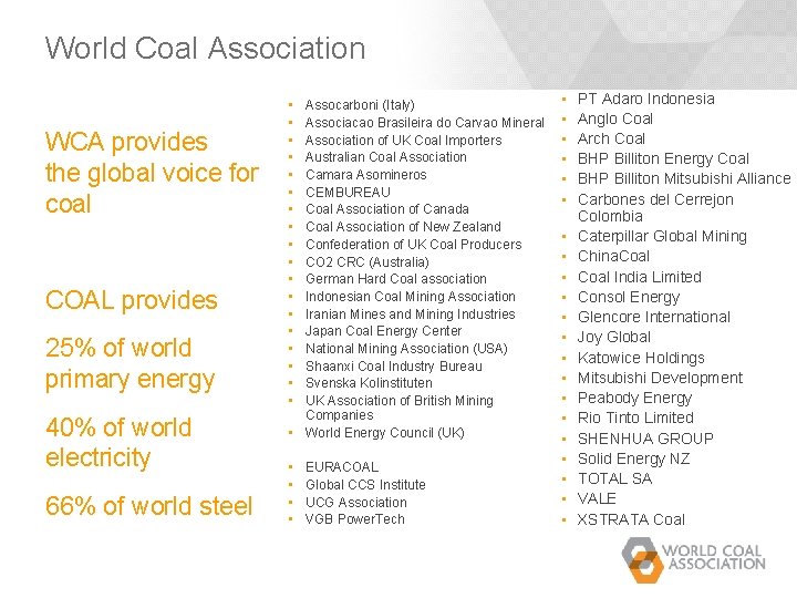 World Coal Association WCA provides the global voice for coal COAL provides 25% of World Coal Association WCA provides the global voice for coal COAL provides 25% of