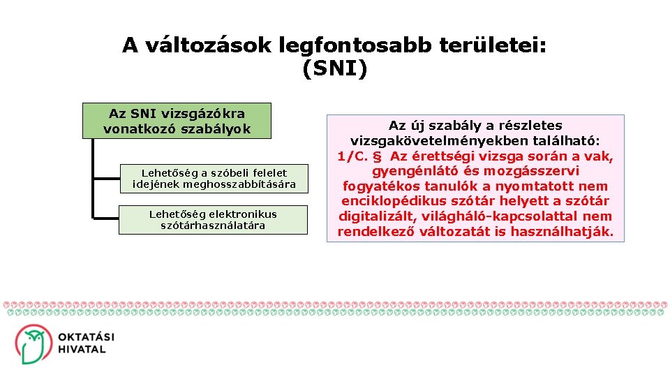 A változások legfontosabb területei: (SNI) Az SNI vizsgázókra vonatkozó szabályok Lehetőség a szóbeli felelet