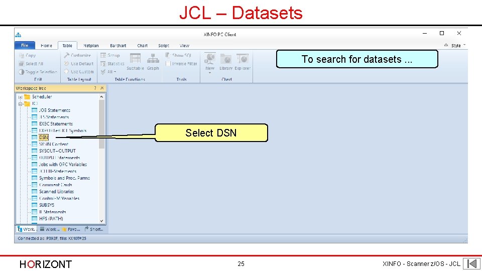 JCL – Datasets To search for datasets. . . Select DSN HORIZONT 25 XINFO JCL – Datasets To search for datasets. . . Select DSN HORIZONT 25 XINFO