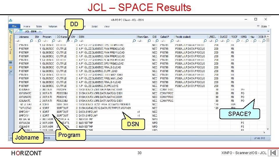 JCL – SPACE Results DD SPACE? DSN Jobname HORIZONT Program 30 XINFO - Scanner JCL – SPACE Results DD SPACE? DSN Jobname HORIZONT Program 30 XINFO - Scanner