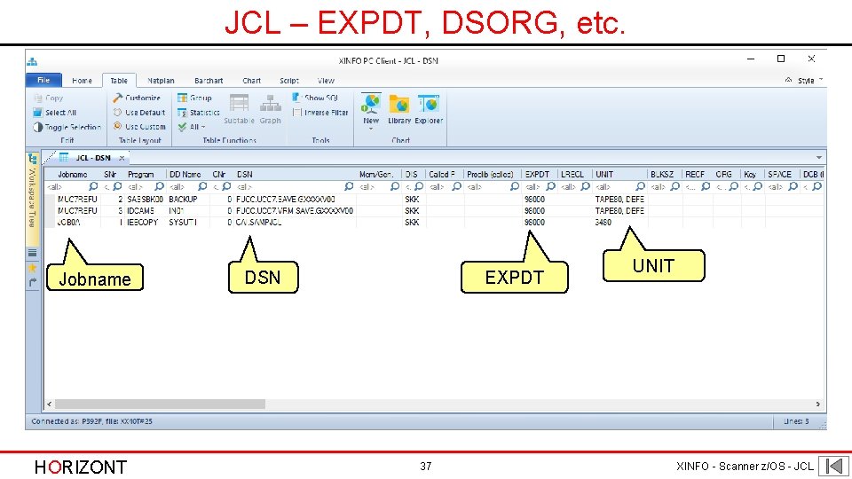 JCL – EXPDT, DSORG, etc. Jobname HORIZONT DSN EXPDT 37 UNIT XINFO - Scanner JCL – EXPDT, DSORG, etc. Jobname HORIZONT DSN EXPDT 37 UNIT XINFO - Scanner