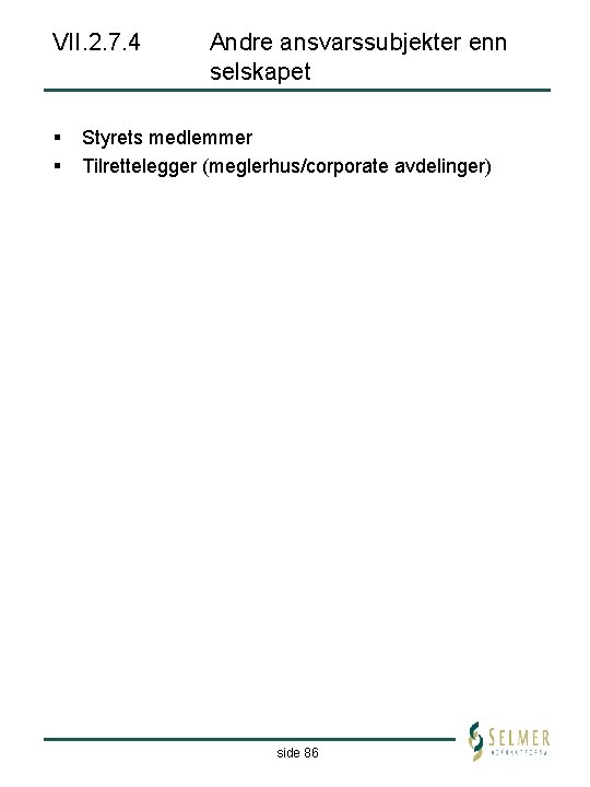 VII. 2. 7. 4 § § Andre ansvarssubjekter enn selskapet Styrets medlemmer Tilrettelegger (meglerhus/corporate