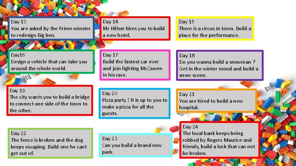 Day 13 You are asked by the Prime minster to redesign Big ben. Day