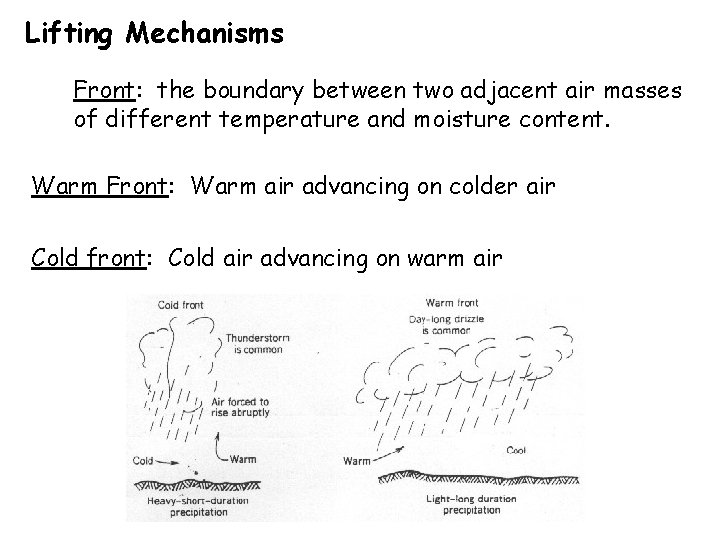 Lifting Mechanisms Front: the boundary between two adjacent air masses of different temperature and