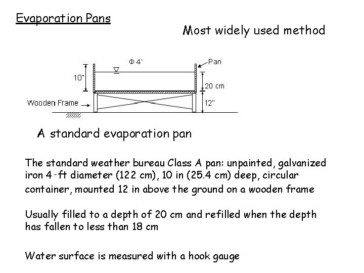 Evaporation Pans Most widely used method A standard evaporation pan The standard weather bureau