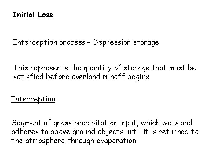 Initial Loss Interception process + Depression storage This represents the quantity of storage that