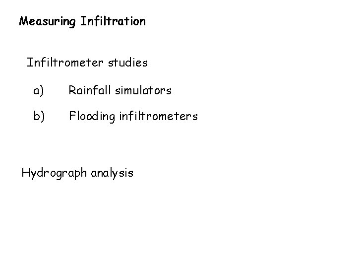 Measuring Infiltration Infiltrometer studies a) Rainfall simulators b) Flooding infiltrometers Hydrograph analysis 