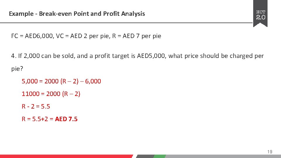 Example - Break-even Point and Profit Analysis FC = AED 6, 000, VC = Example - Break-even Point and Profit Analysis FC = AED 6, 000, VC =