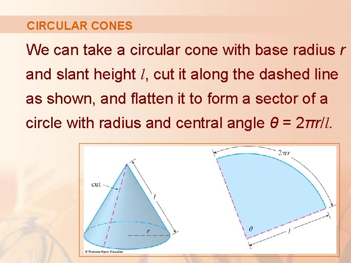 CIRCULAR CONES We can take a circular cone with base radius r and slant