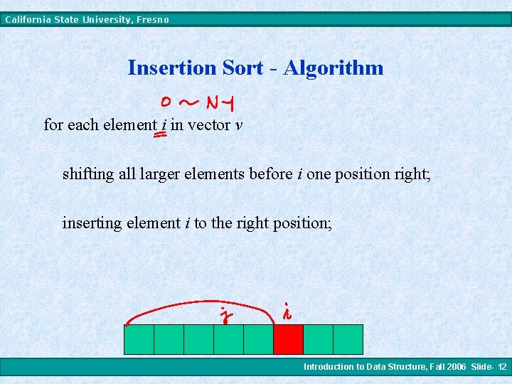 California State University, Fresno Insertion Sort - Algorithm for each element i in vector