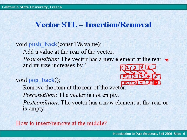 California State University, Fresno Vector STL – Insertion/Removal void push_back(const T& value); Add a