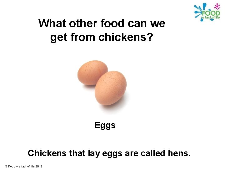 What other food can we get from chickens? Eggs Chickens that lay eggs are