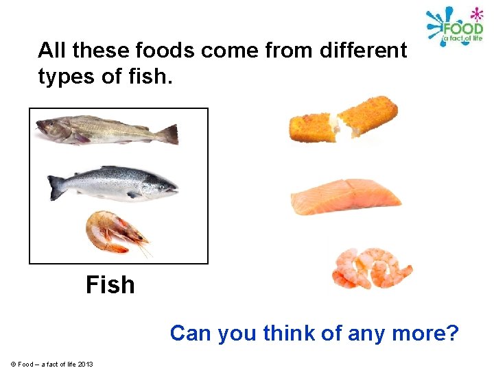 All these foods come from different types of fish. Fish Can you think of
