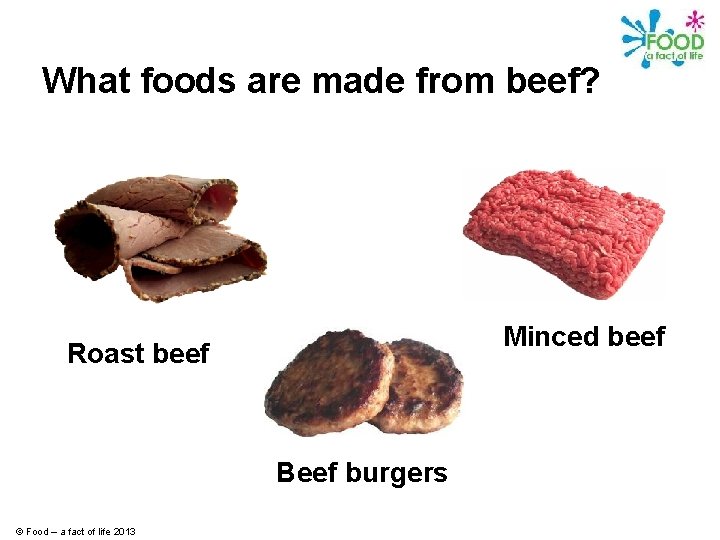 What foods are made from beef? Minced beef Roast beef Beef burgers © Food