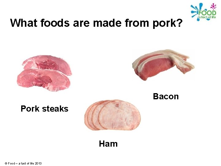 What foods are made from pork? Bacon Pork steaks Ham © Food – a