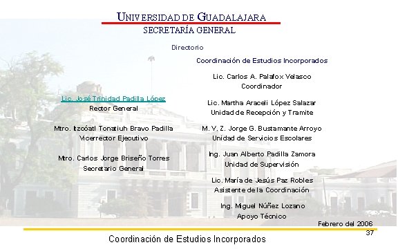 UNIVERSIDAD DE GUADALAJARA SECRETARÍA GENERAL Directorio Coordinación de Estudios Incorporados Lic. Carlos A. Palafox